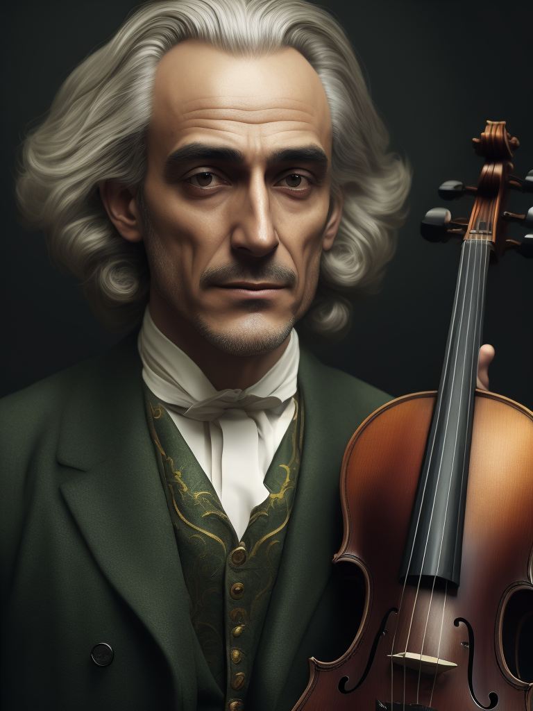 Antonio Lucio Vivaldi with a violin, in a 18th century green suit, Detailed image, detailed face,