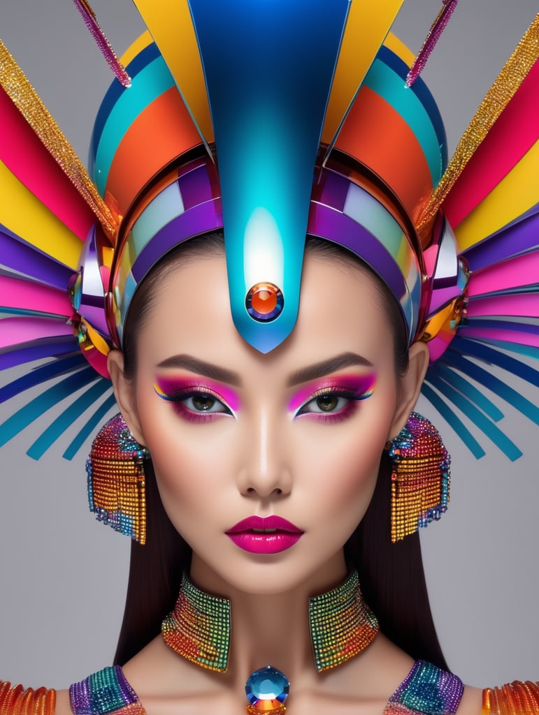 A beautiful female multicoloured pop sleek futuristic with huge headpiece center piece, clean makeup, with depth of field, captured in vivid colors, minimalist
