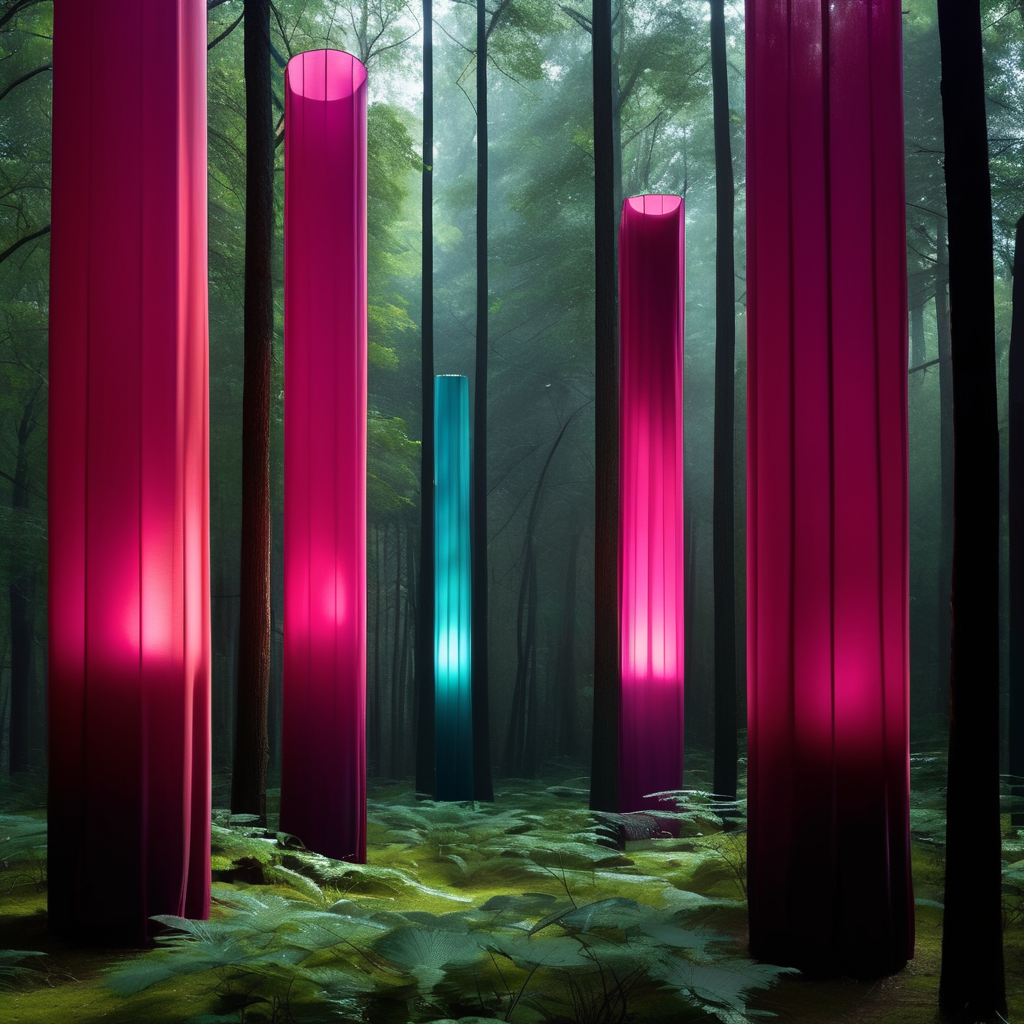Esculturas de colores vibrantes muy altas hechas de látex y con luz inspiradas en la obra arquitectónica de Luis Barragán cubiertas con tela semitransparente en medio de un bosque muy obscuro