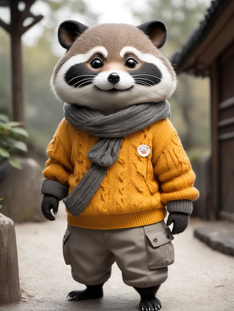 A tanuki wearing a cheery sweater and gray cargo pants.