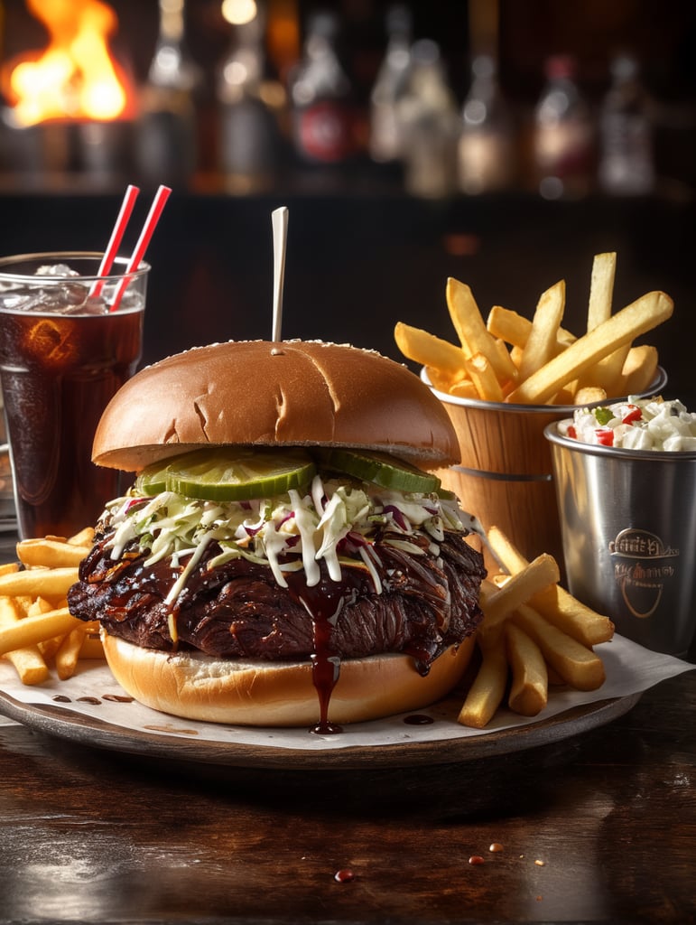 a juicy smokehouse brisket sandwich with coleslaw and dripping bbq sauce on a brioche bun with a side of fries in a bar and grill setting