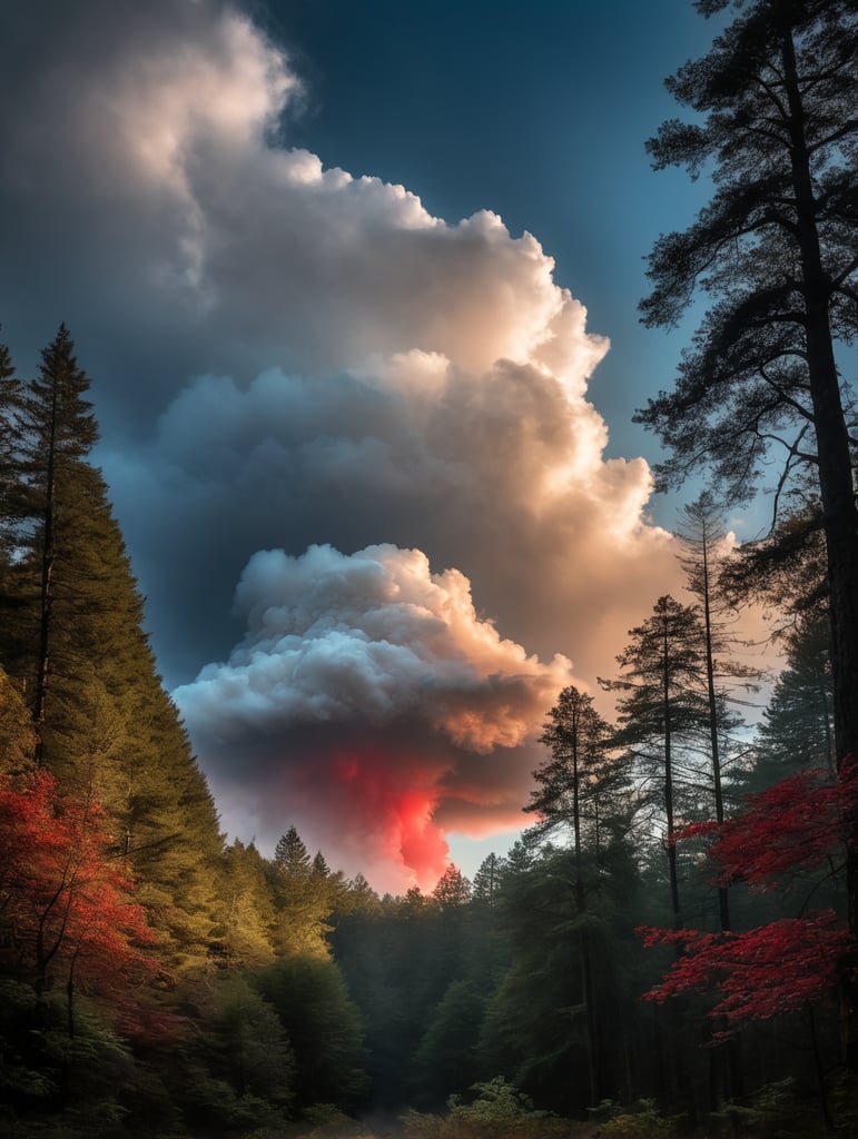 a single big cloud is hovering over a dark forest and shines with subtle red colors, the air is full of mist so that the light shines very hazy, vibrant blue colours, highly detailed, sharp focus, dramatic lighting, depth of field, incredibly high detailed, photorealistic, in analogue image style, light refractions