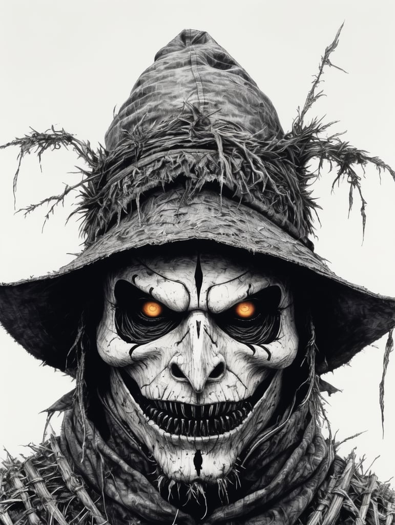 Pure Black and white pen sketch, scary ugly scarecrow on a white background