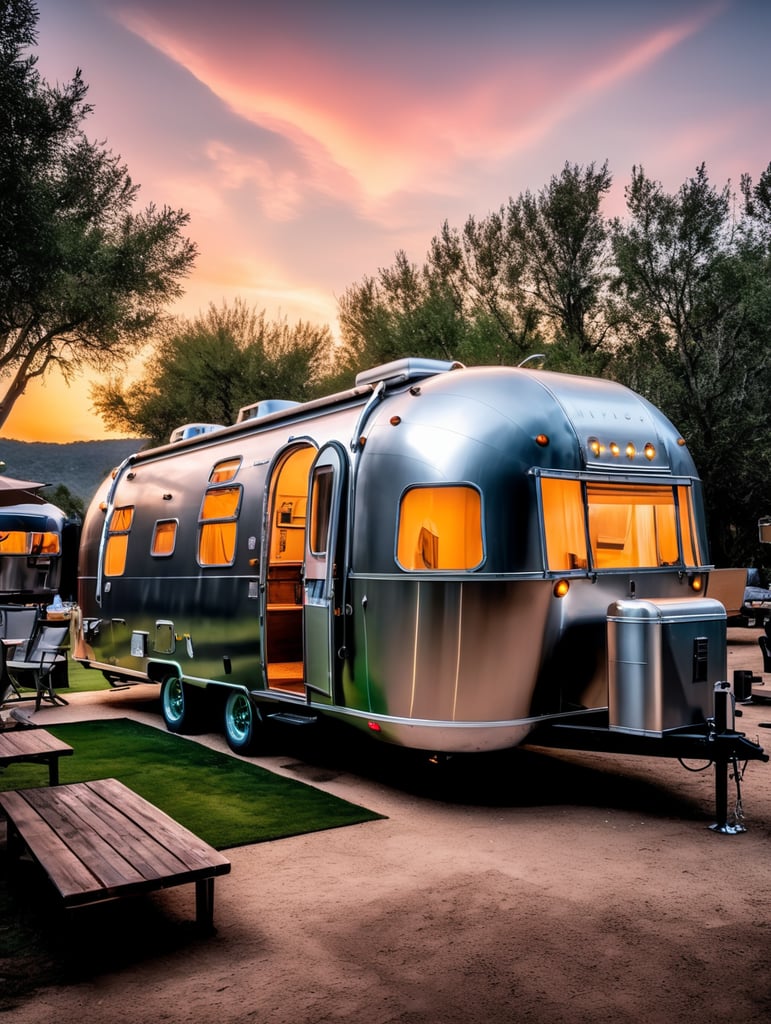 Futuristic alien Airstream camping trailers, steampunk and neon, cyber technology