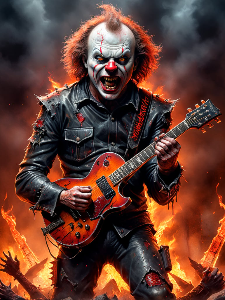 Illustrate the most horriffic and detailed AC DC’s guitar player, Angus Young. Dressed in a distressed, slashed and bloody Chucky suit, with his classic black gibson guitar hanging in front of him,his arms up and his hands with his fingers positioned as two horns, with a dark sinister look, face painted like Pennywise and two evil red hrons comming out from his front head. In the back, thousands of zombies cheering in a concert like scene, very orange flame like.