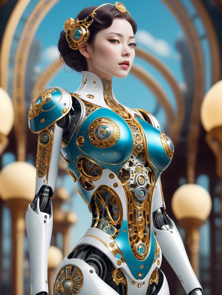 A female robot with an art Nouveau cyberpunk aesthetic, body is made from a delicate mechanical ornamental exterior reminiscent of a delicate gleaming porcelain and gold trimmed filigree should reveal a hollow see through body, hyper-surrealistic detailed 3d rendering digital art style, background galaxy sky