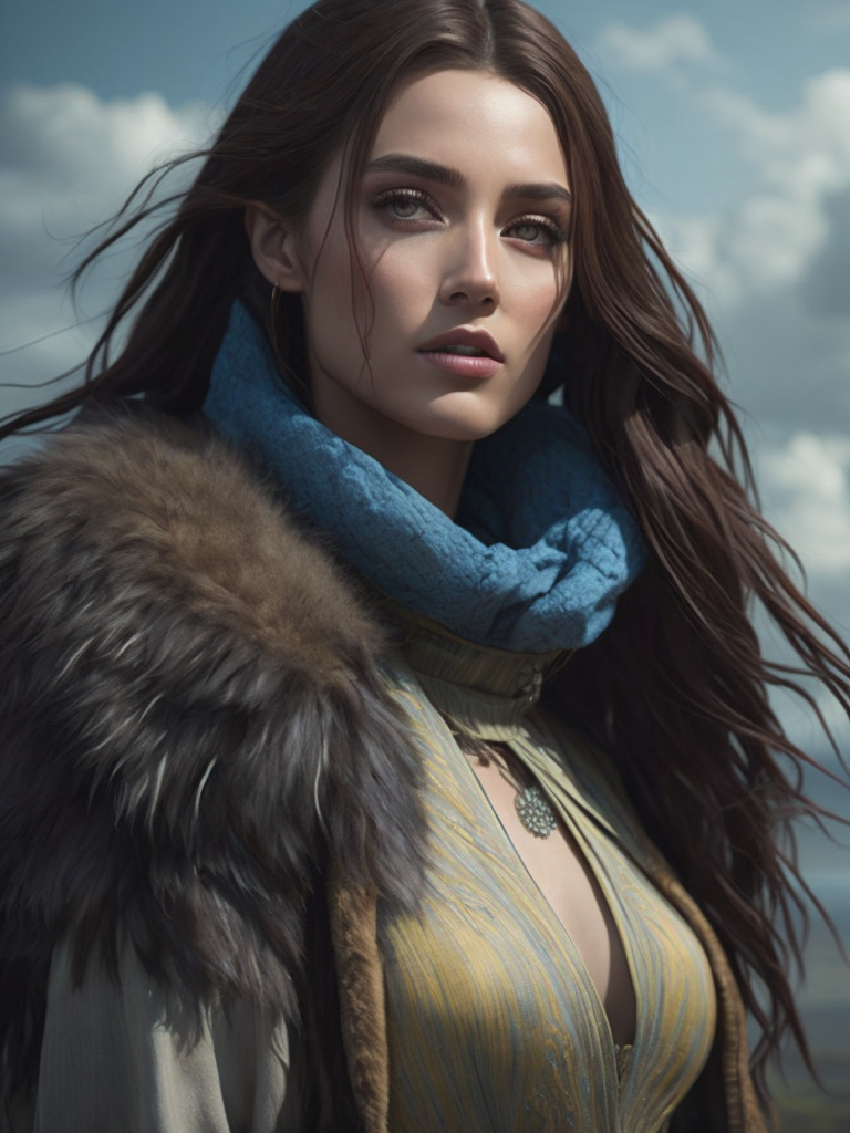 draw the girl is a model, standing tall, dressed in a fur coat, a colorful fur coat, flowers are depicted on the fur coat, a scarf on her head, an elegant pose, blue sky, summer, smears of oil paint, muted color, grain, Joe Madureira's Masterpiece inspired by Magali Villeneuve, Ann Stokes, Luis Royo and WLOP, 8k Ultra HD. --s 250