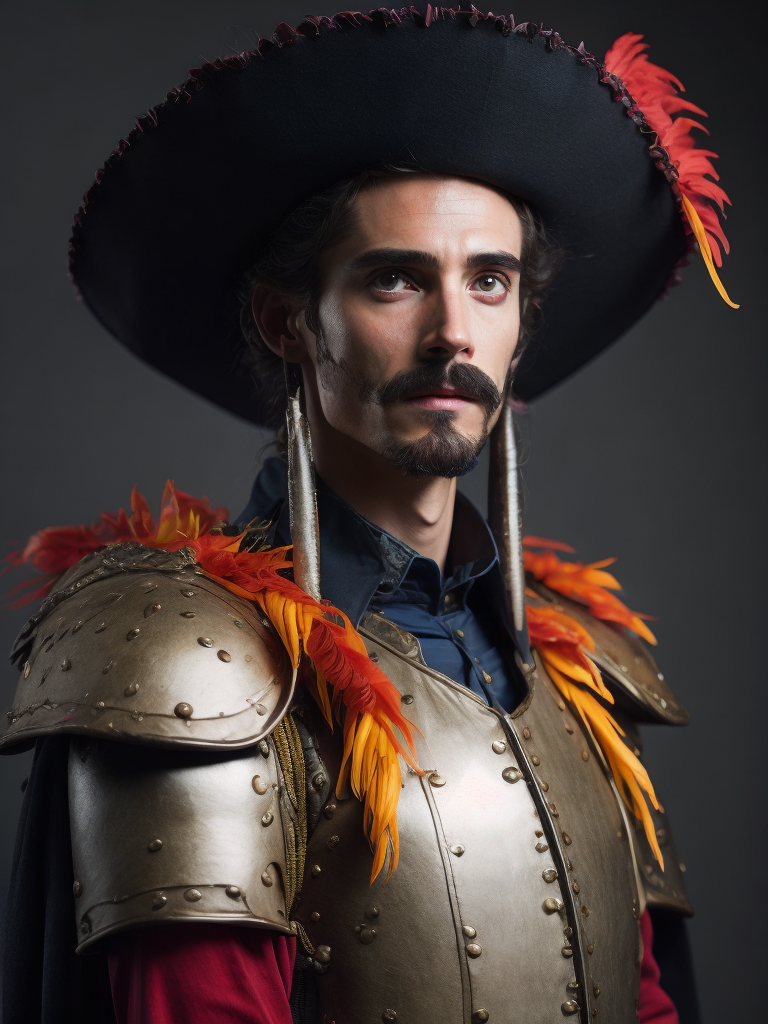 High resolution, high quality, high detail, soft lighting, cinematic lighting, realistic, DSLR, bokeh, studio quality, film grain, panorama, film grab of a young landsknecht wearing a large hat with colorful feather plumes, plate armor, black shirt, moustache, holding a very long sword, standing, simple background, 80s fantasy movie
