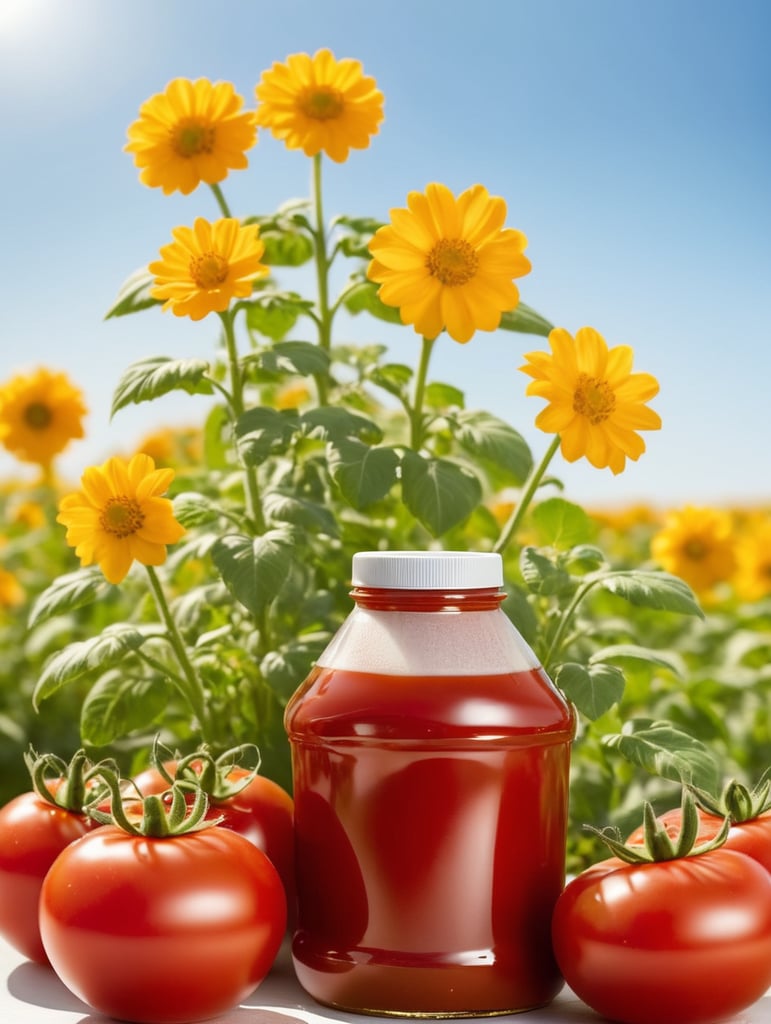 several red tomatoes stacked together forming a Heinz ketchup bottle with some leaves around it, beautiful tomato plantation in the background and a blue sky, short grass and yellow flower + yellow flowers + creamy light + ambient lighting + very beautiful colors