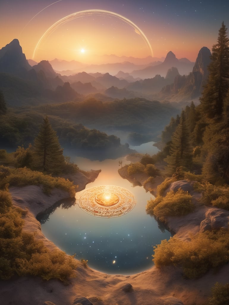 Generate an enchanting image of a magical world bathed in the warm hues of the golden hour. Picture an astronet, a celestial network of interconnected stars, floating gracefully in the sky, casting a gentle glow over the surreal landscape. Capture the ethereal atmosphere, blending elements of fantasy and cosmic wonder, with a focus on the harmonious interplay between the natural beauty of the golden hour and the mystical allure of the astronet.