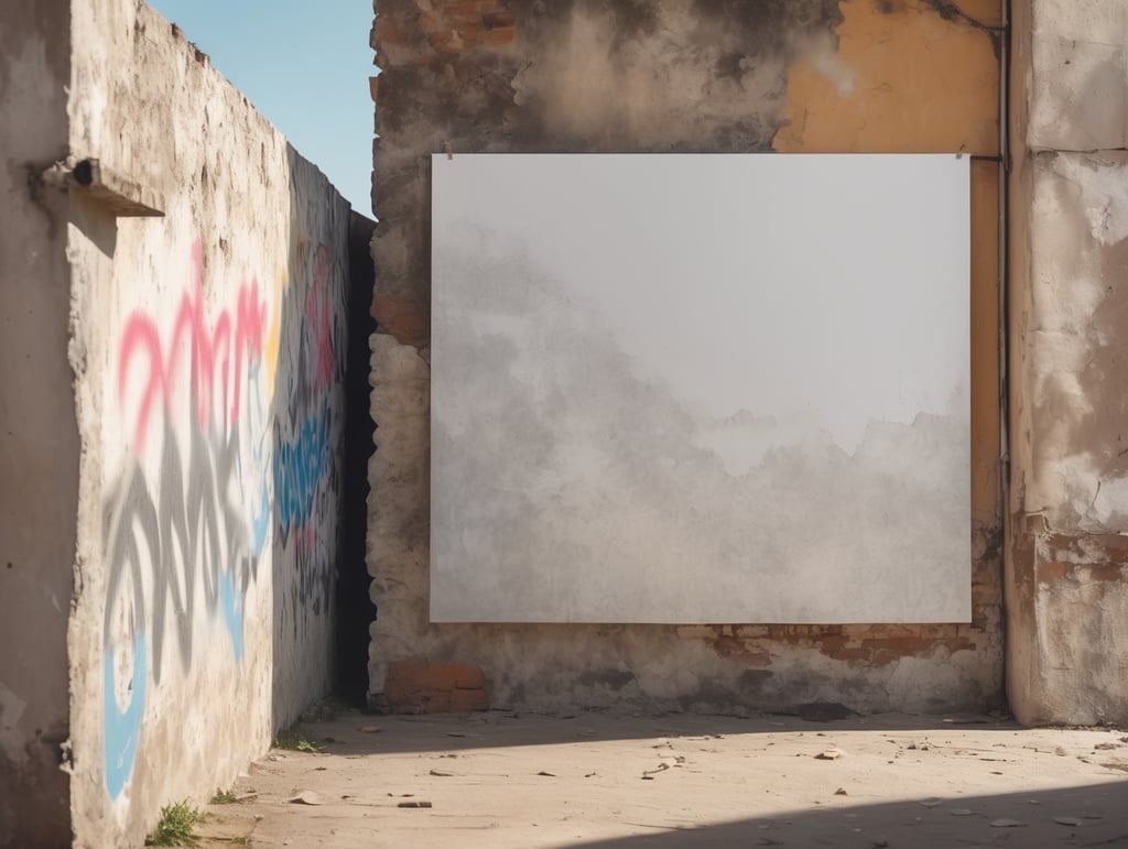 a white blank poster hangs on an old shabby wall with graffiti, the corner of the poster is bent, people are blurred, daylight, mockup, mock up