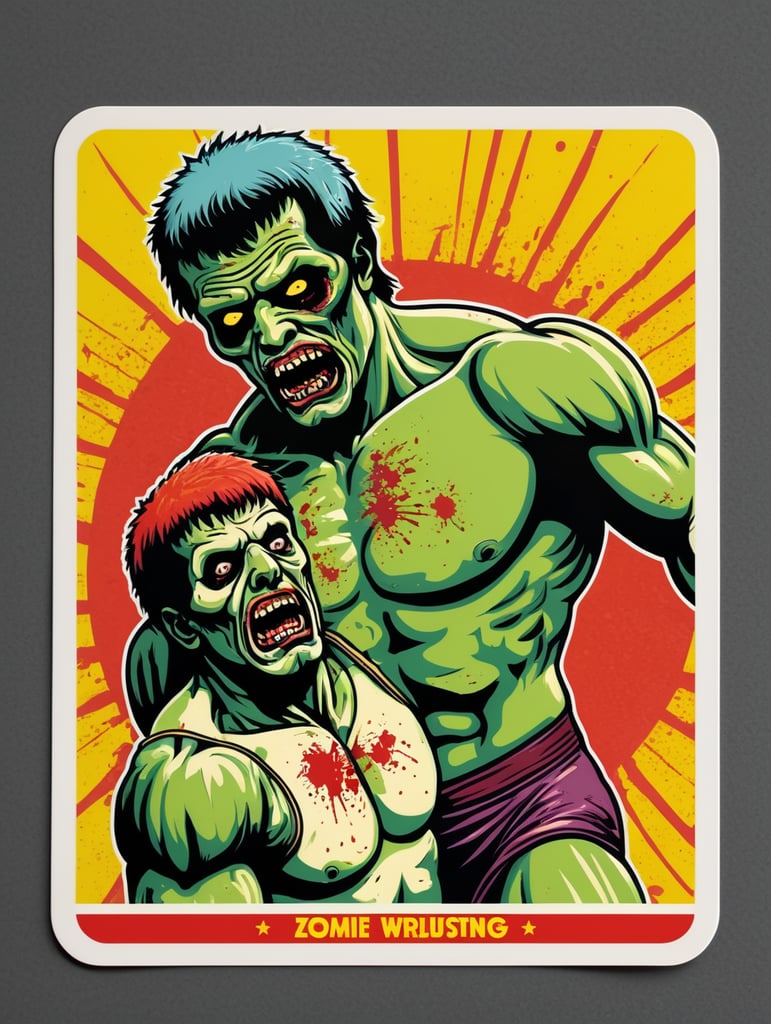 Pop art illustration, sticker, zombie wrestling