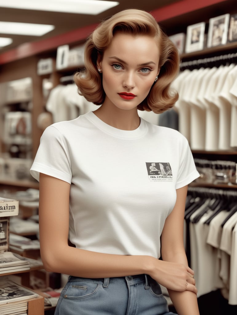 Extremely detailed photographic image, grained image, beautifully composed, monochrome image, 50's fashionable image, fashionable magazine photography, leica summicron 35mm f2.0, kodak 400tx, fashion photography, fashionable model, william s. burroughs, Woman wearing blank white T-Shirt in Clothing Store Mockup, mock up