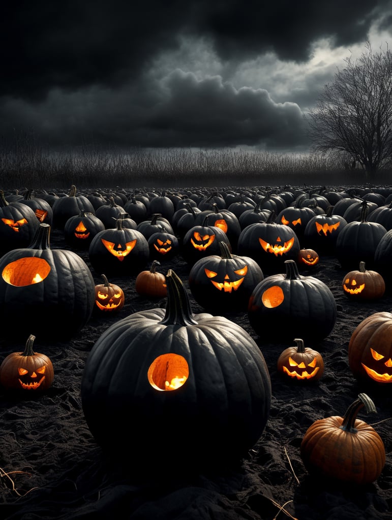 Black pumpkins in a spooky black field with dark clouds 8k Realistic 50 pumpkins in view