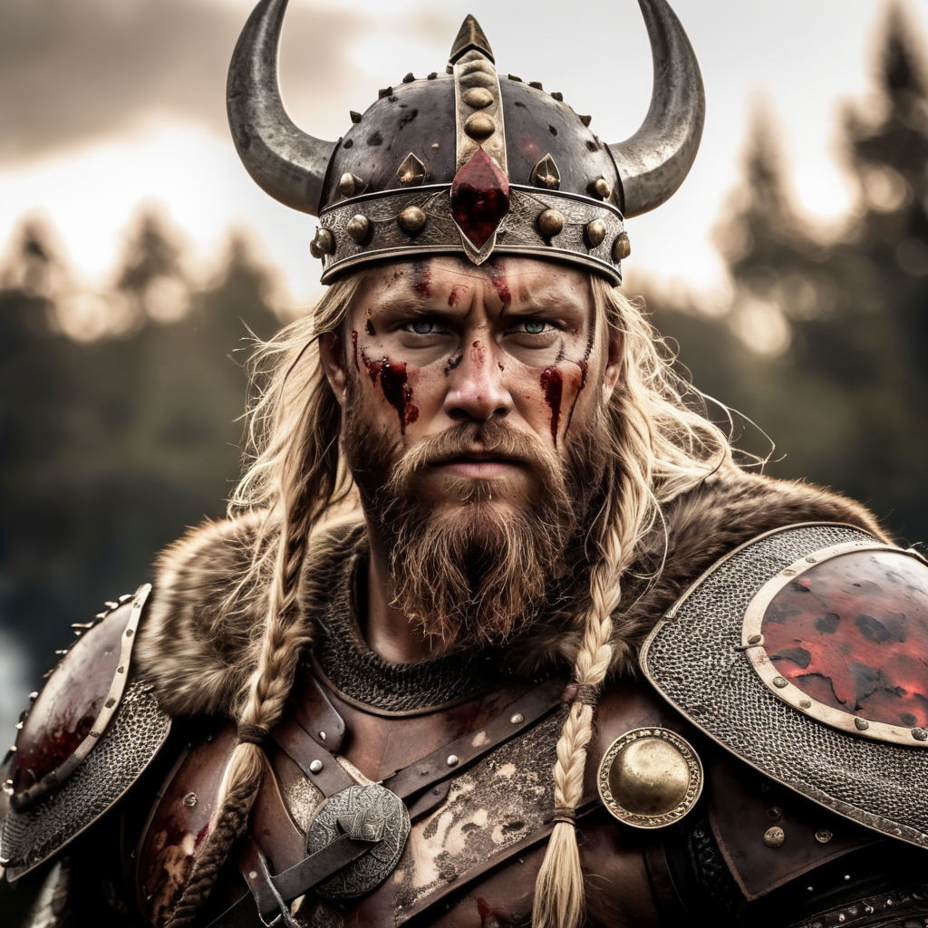 hyper realistic Blood stained viking warrior king with a crown and battle axes