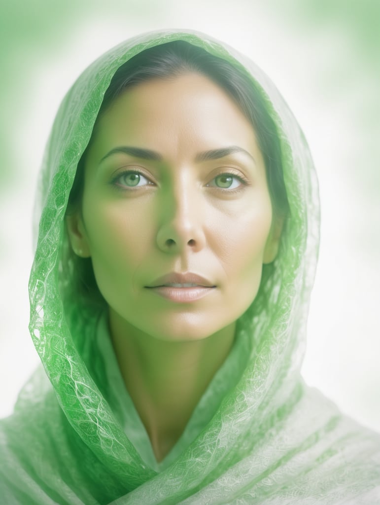 Portrait of a woman experiencing spiritual experience, wrapped green film