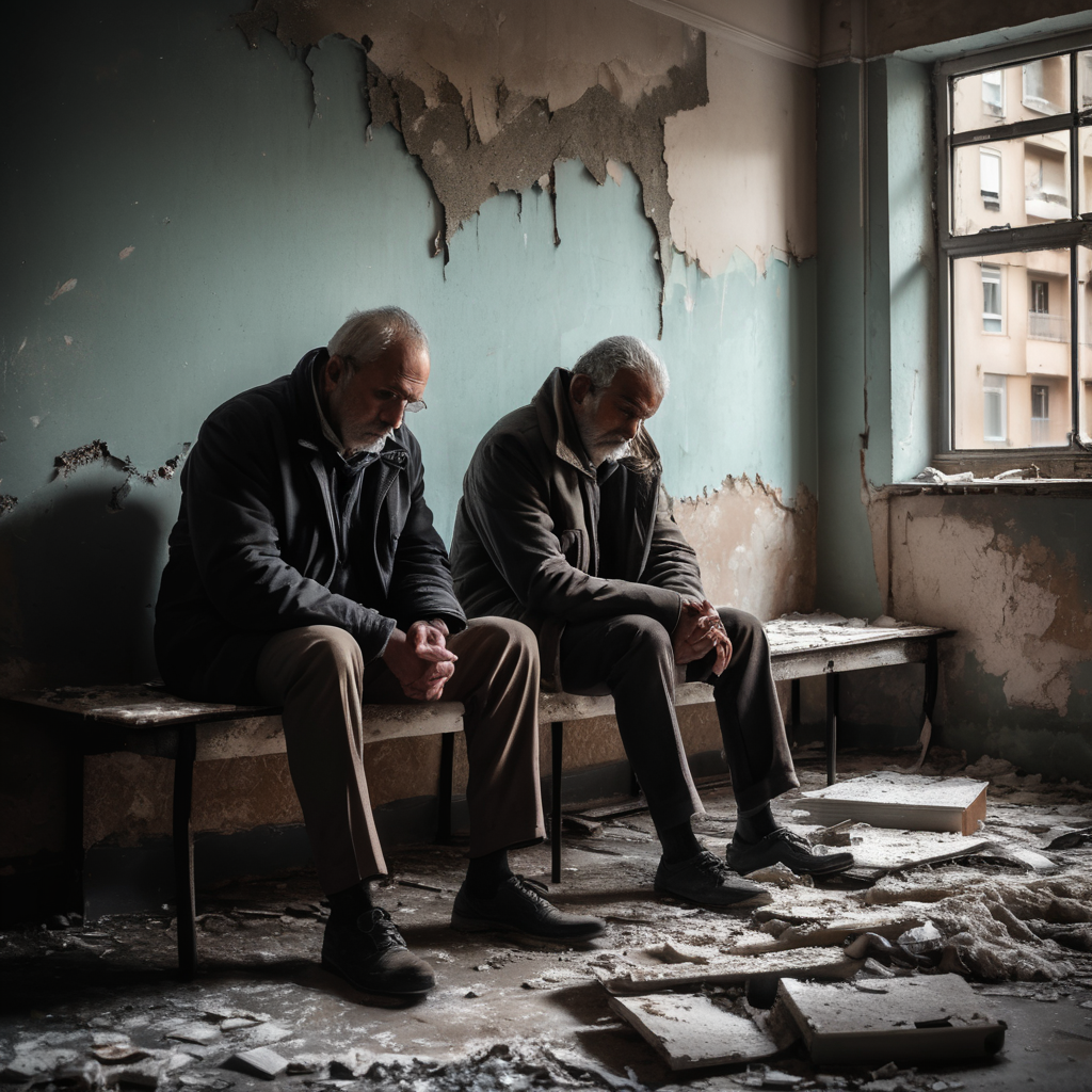 a couple in distress sitting in their inner-city council flat in disrepair with mould and dampness rising up the walls