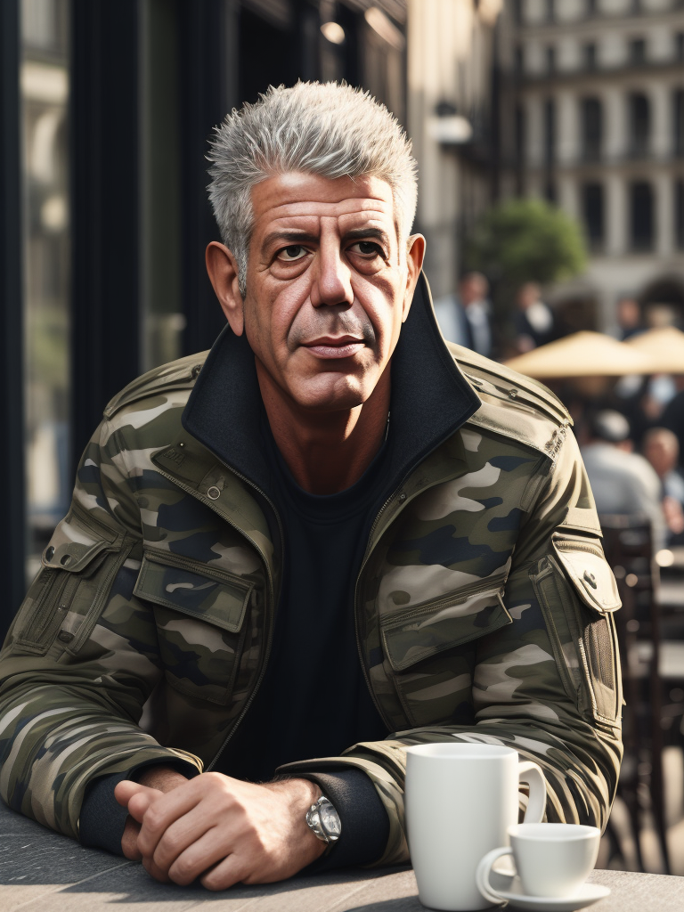 anthony bourdain in camouflage jacket and drink a morning coffee at the terrace use a light suit with black thick rims, sharp focus, highly detailed, vintage style