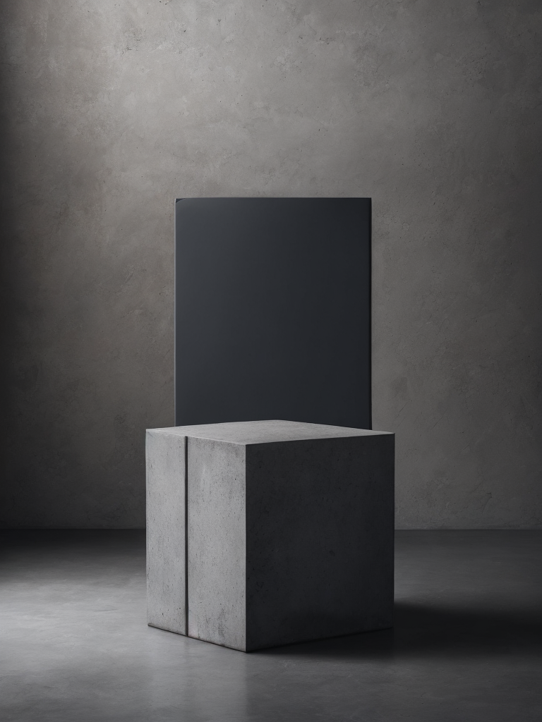 a chair made from concrete, modern design, flat shape, cube, grey background, modern art, everythink dark grey