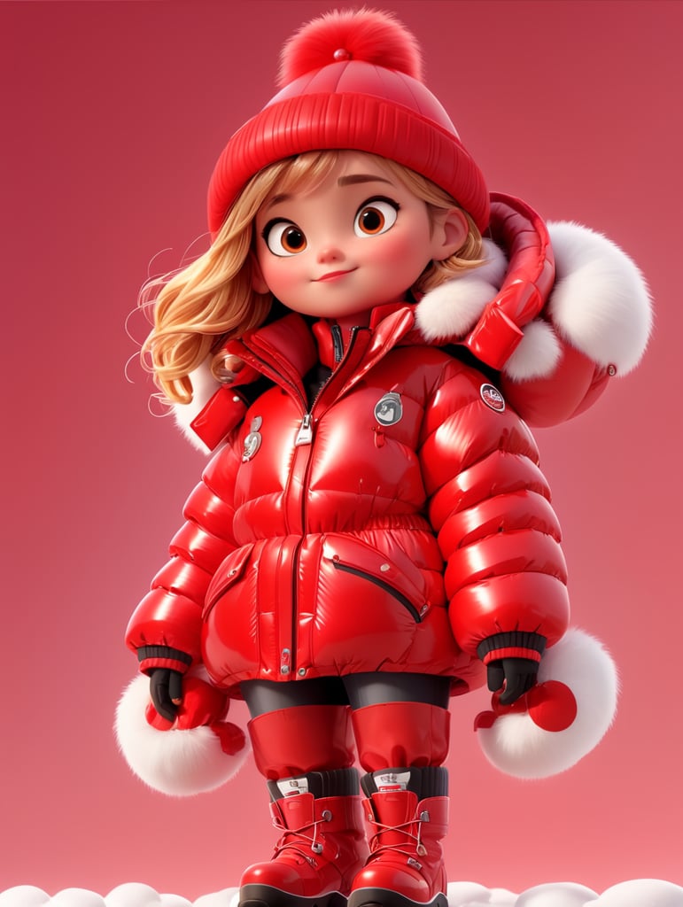 full body girl in a red glossy puffer jacket with bulky belt and massive zipper tab around waist and red glossy down puffer boots