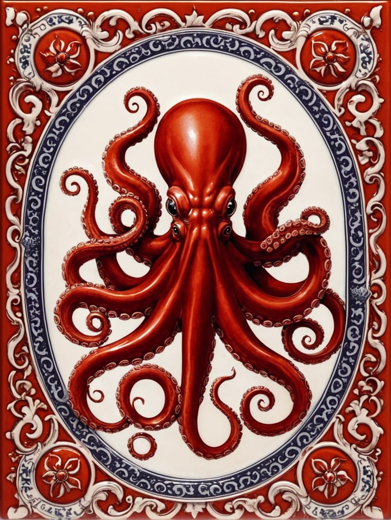 Square ceramic glazed tile with medieval art octopus, everything red color, Azulejo