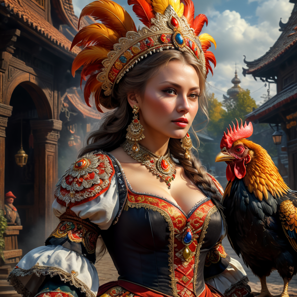 Portrait of a Beautiful women from Russian fairytale wearing traditional costume wearing a Rooster cosplay.