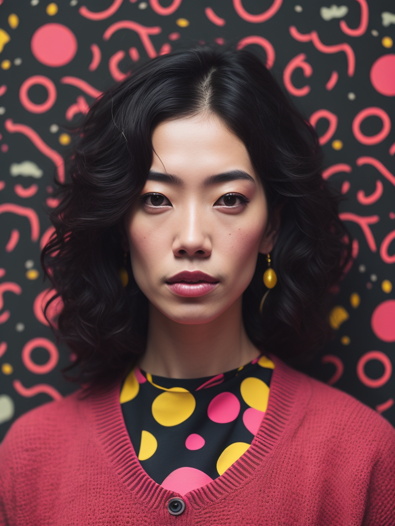 female face, colorful pattern, swollen , and a pink sweater, in the style of dan matutina, dreamy atmosphere, ina wong, lighthearted, yayoi kusama, pensive poses, social media portraiture