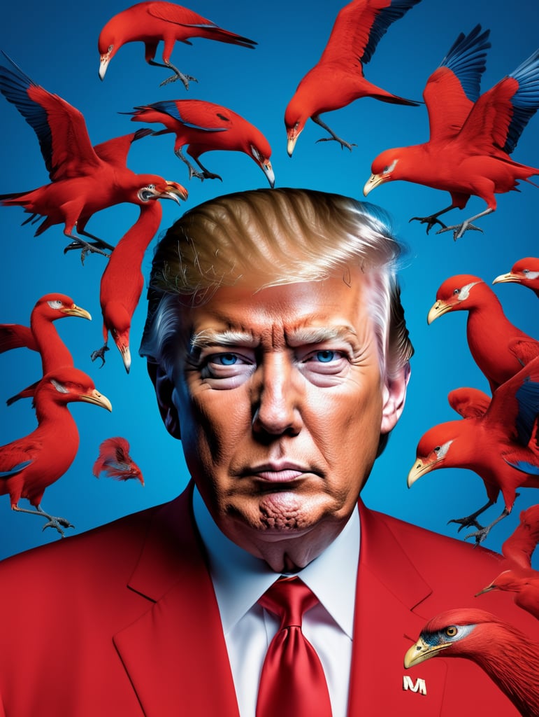 Donald Trump, avant-garde, simplygo, photoshoot spread, dressed in all red, blue background, harpers bizarre, cover, headshot, hyper realistic