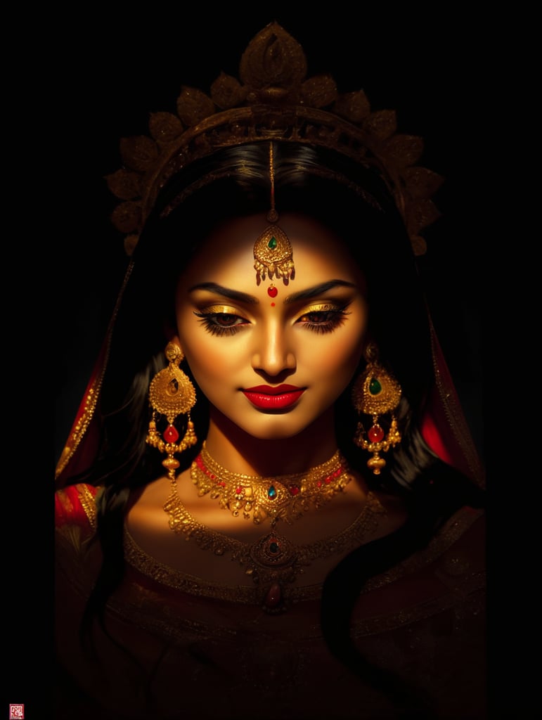 Maa Durga Bengal, rich beautiful sari, bright makeup, golden jewelry, long black hair, brown eyes, red lips.