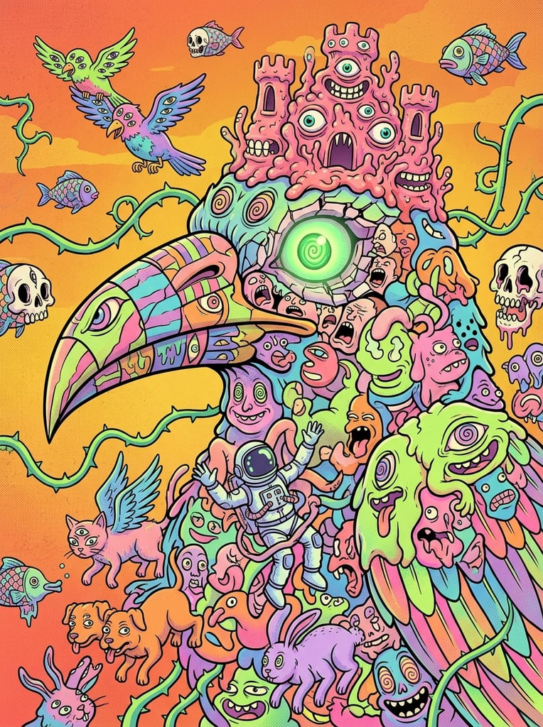 dense psychedelic pop surrealist illustration, massive bird-like creature formed by interlocking bizarre cartoon figures, giant central beak and glowing green eye, topped with a fleshy pink multi-eyed castle with grinning teeth, cascade of mutant animals, tangled astronaut, multi-eyed birds, skulls, surreal floating fish, wavy green vines, vibrant neon and pastel colors, orange and yellow gradient sky, stippled halftone texture, horror vacui composition