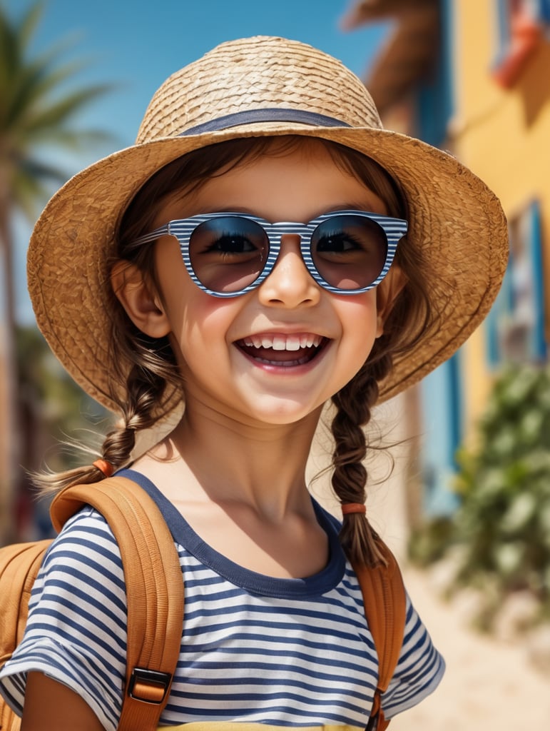 photo happy little girl going to travel, cute girl, Striped T-shirt, straw hat, sunglasses, harpers bizarre, cover, headshot, hyper realistic