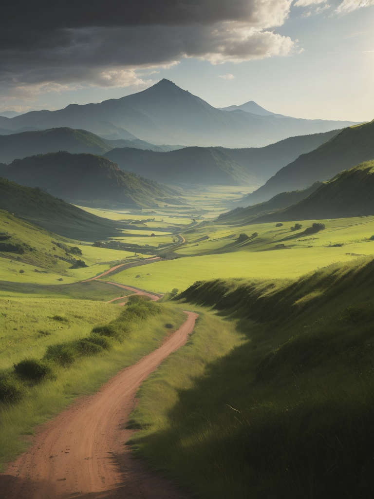 a beautiful fantasy landscape with a dirt road going through a green countryside, digital painting by Noah Bradley