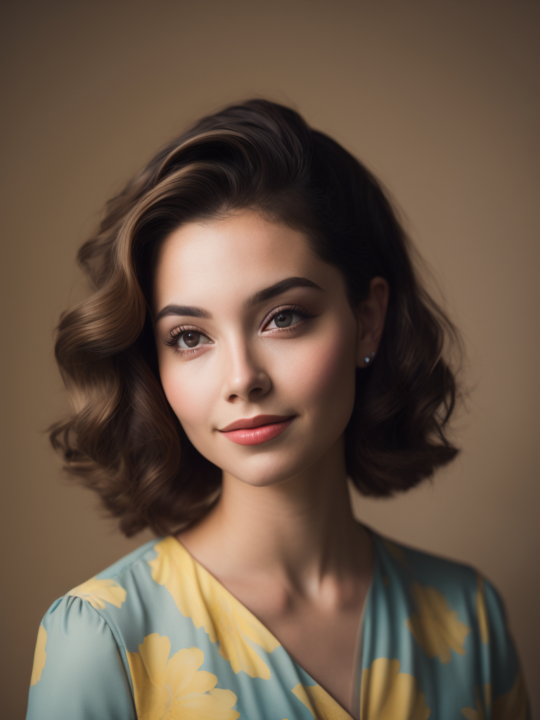 Portrait of a girl dressed in a bright dress, Bright colors, pin up style, 70s