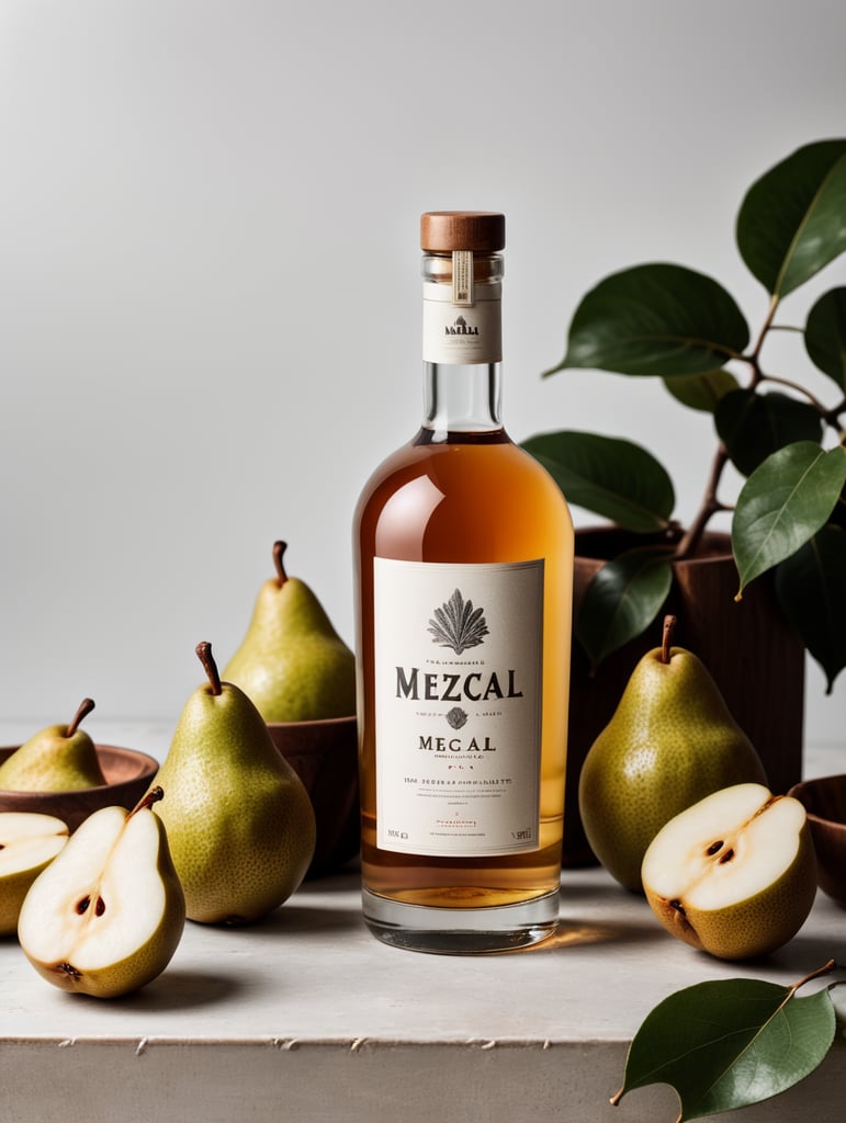 Packaging and branding for a mezcal brand as if it had been designed by HI ESTUDIO with In a set design with bricks, pears and dry leaves.