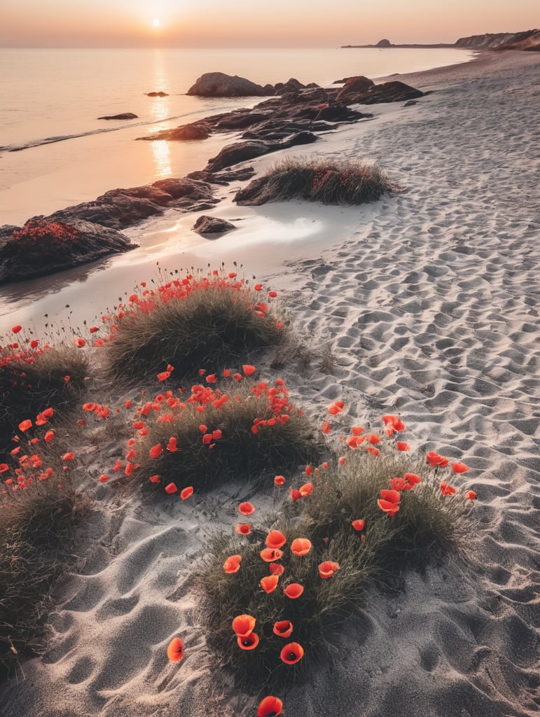 blooming poppy on sandy sea beach in sunset