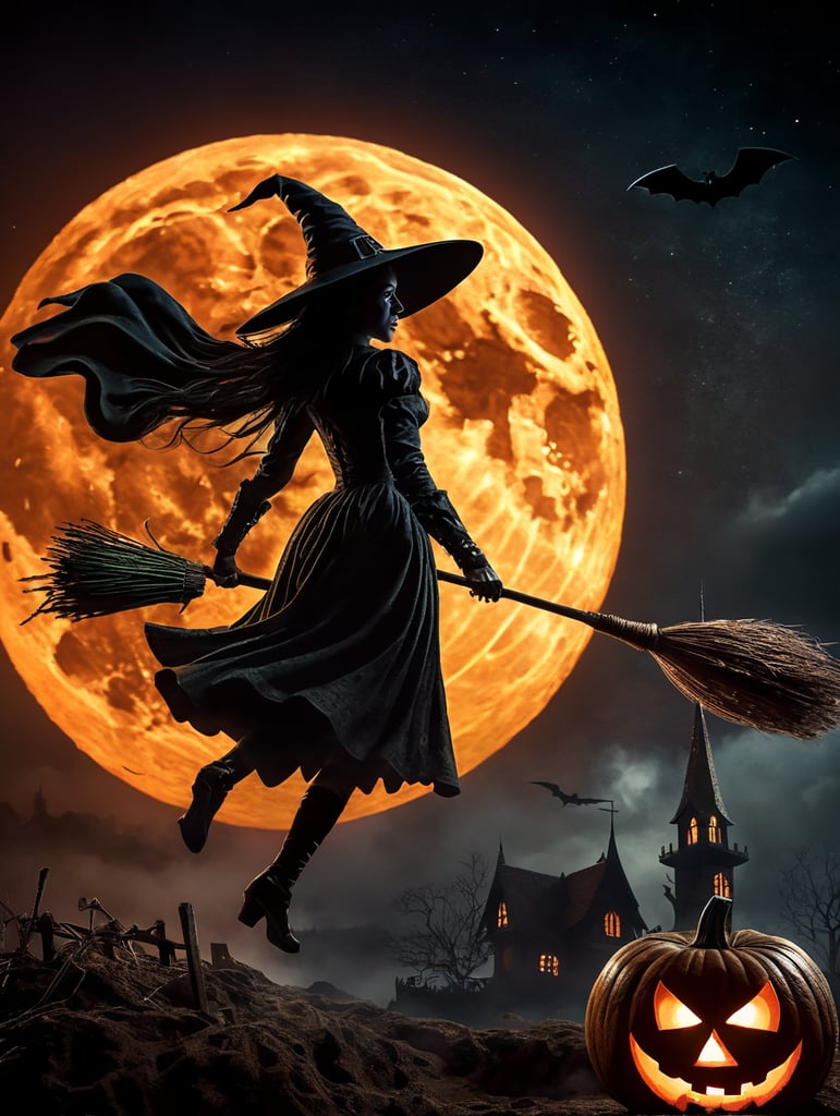 cene of pumpkins for Halloween, dramatic lighting at night, around the pumpkin, but in the night sky the silhouette of a witch flying on a broomstick, a bloody moon with the correct structure and stars. Depth of field.