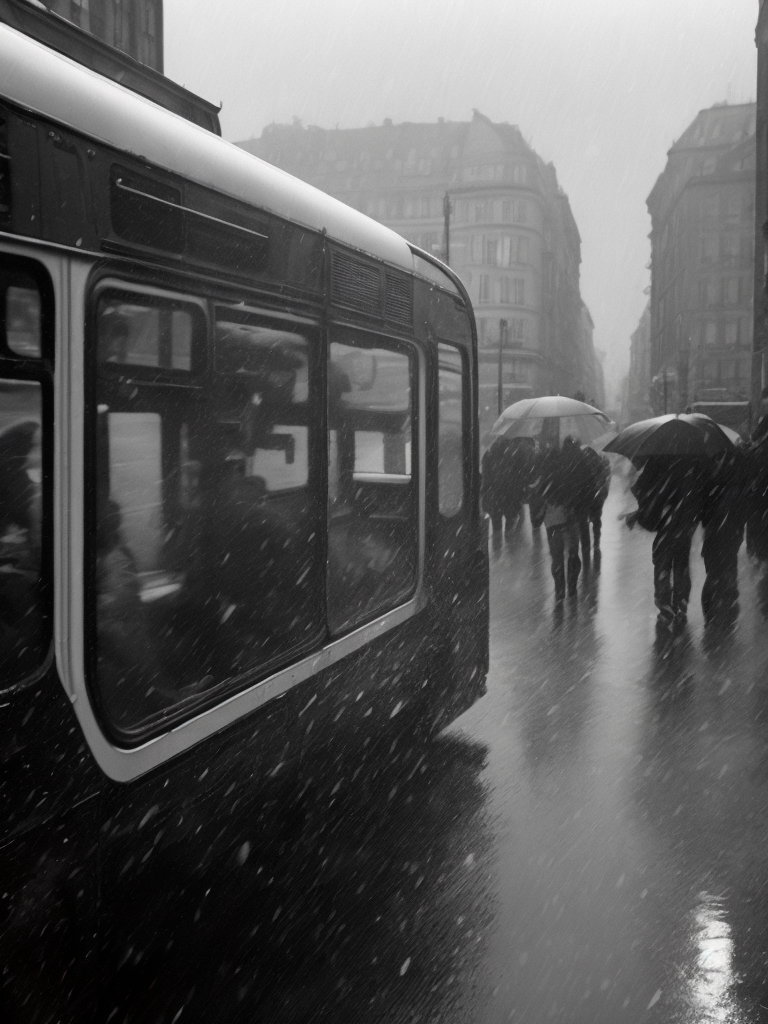 View of a bus full of people going to work, view from inside a dropped bus window, winter 1978, berlin, rain, black & white, realistic