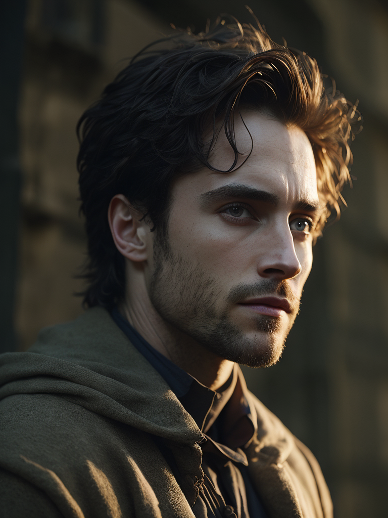 Portrait of Harry Potter in medieval style, detailed face, contrasting light, Against the backdrop of the castle,