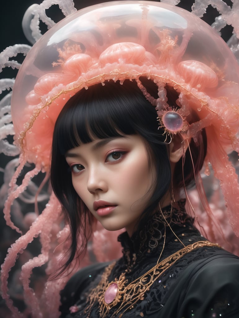 photo RAW, (Black and pink : Portrait of a ghostly jellyfish, shiny aura, highly detailed, gold filigree, intricate motifs, organic tracery, by Android jones, Januz Miralles, Hikari Shimoda, glowing stardust by W. Zelmer, perfect composition, smooth, sharp focus, sparkling particles, lively coral reef background Realistic, realism, hd, 35mm photograph, 8k), masterpiece, award winning photography, natural light, perfect composition, high detail, hyper realistic