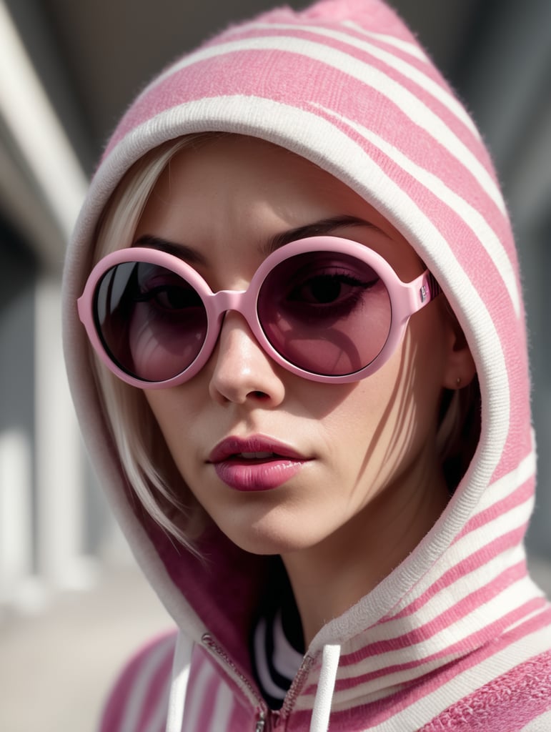 Spider Gwen in the casual aesthetic, stripes, hoodie, spider web, pink sunglasses, Olivier Valsecchi, striped compositions, fisheye effects, ultra wide angle, portraiture with emotion, undulating lines