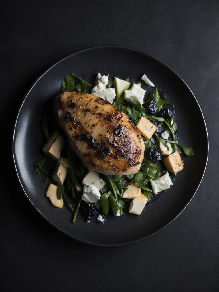Chicken and Goat Cheese dish, photo, top view, dark plate, dark table