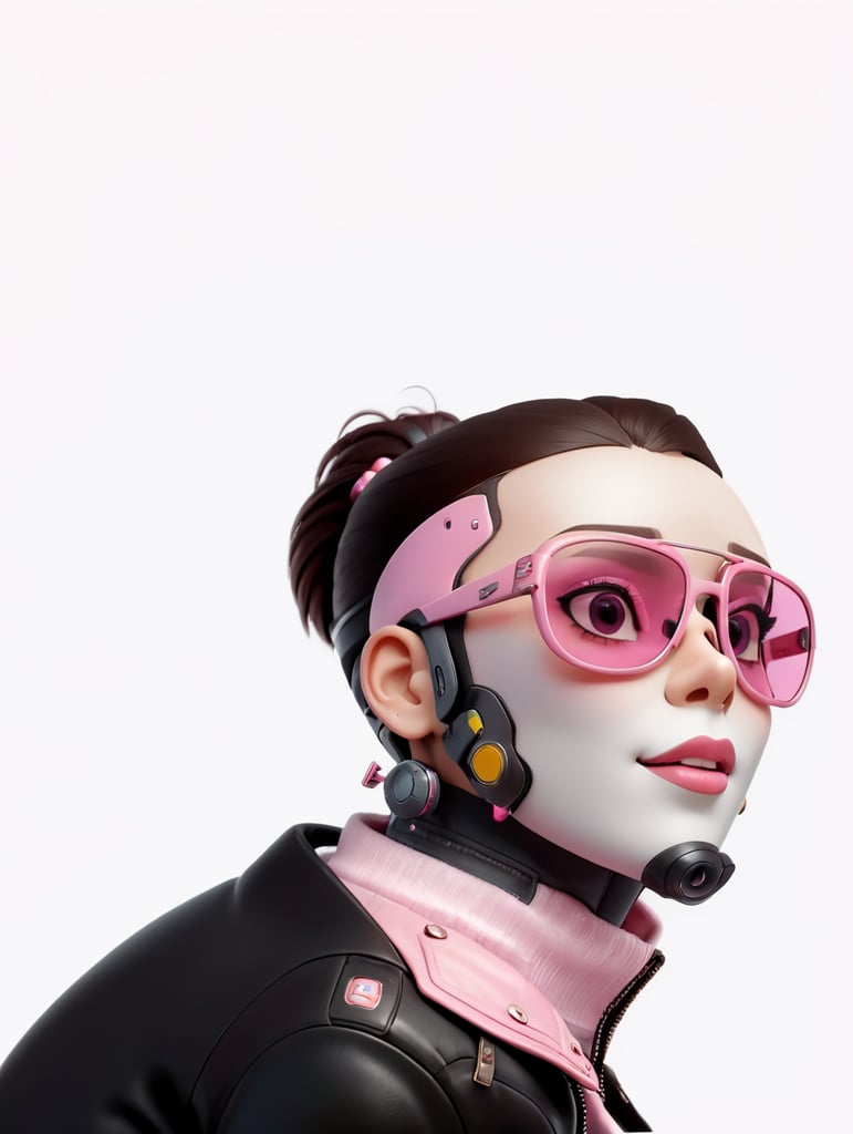 cyborg android, dressed in pink glasses and a leather jacket