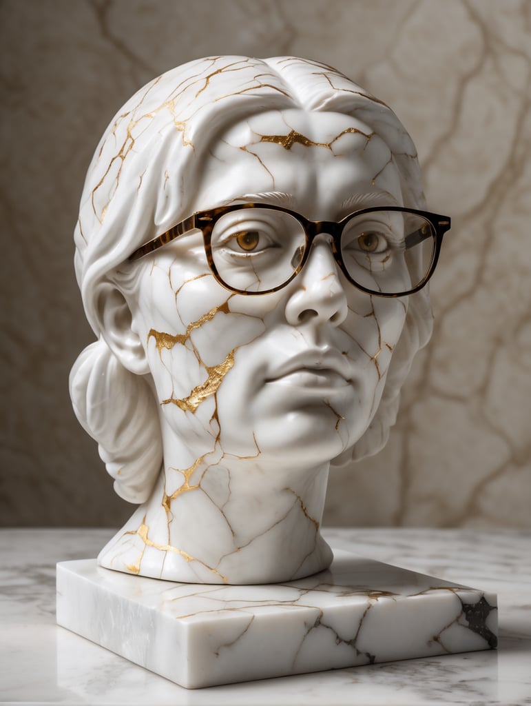 cracked marble sculpture of womans head with glasses, use face from uploaded photo, sculpture on the table, cracked white marble with gold and dark gold, studio lighting, professional photo, soft background, art classical reference