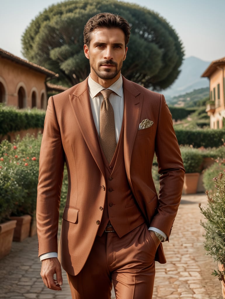 thirty years old ultrarealism man walking in a romantic Italian landscape wear a 3 pieces terracotta suit brunello cucinelli style