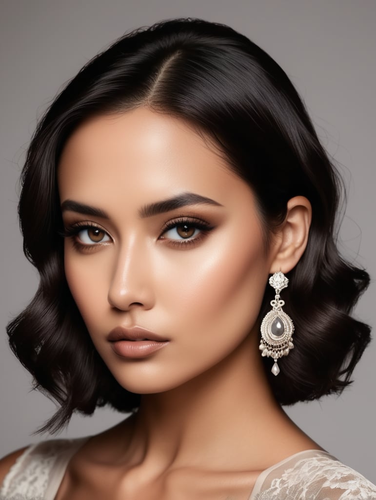 A moody, high-contrast, cinematic portrait photograph of a mysterious individual, shot in a dramatic, low-key lighting setup with deep shadows and subtle highlights, evoking a sense of intrigue and sophistication, with the subject's facial features half-hidden in darkness, their piercing eyes gazing directly into the lens, their skin tone a subtle blend of warm beige and golden undertones, dressed in translucent gossamer and lace low cut negligee, adorned with bold, statement jewelry and a sleek, modern hairstyle, set against a blurred, gradient background that transitions from darkest indigo to soft, muted gray, with a subtle film grain texture adding to the overall sense of nostalgia and classic Hollywood glamour.