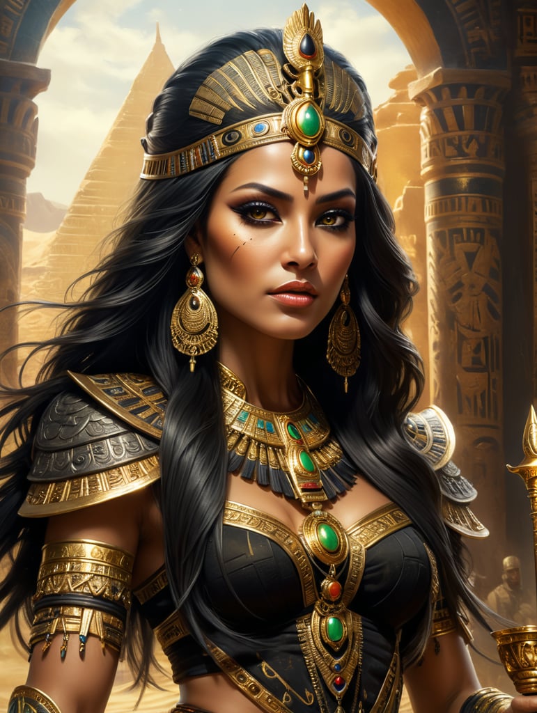 beautiful native Egyptian queen , long black hair , dark black eye makeup , wearing ornate gold accented clothing , holding golden staff , crisp detail , earth tone color palate