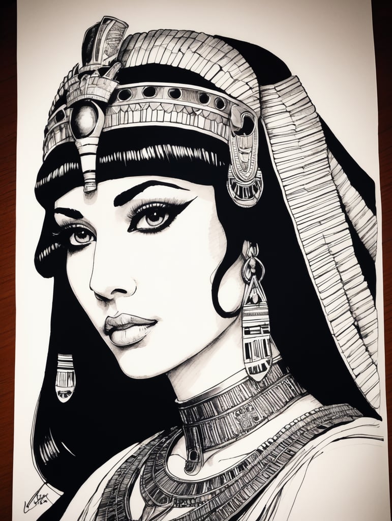 Cleopatra, Ink pen sketch, low light, low detail,