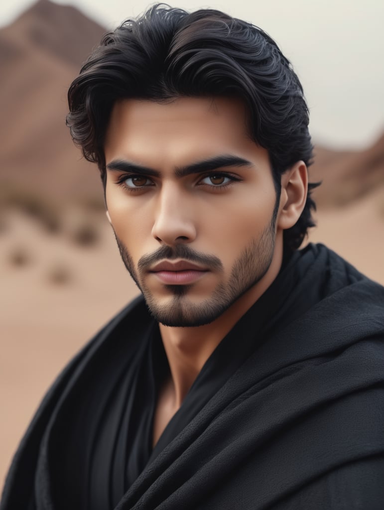 Close-up fantasy-inspired portrait of a haute couture hauntingly handsome 19-year-old Persian male fashion model looking directly into the camera, with warm brown eyes and roguish black hair. He is wearing black assassin robes and a billowing black cape, with the desert at night as the background. The atmosphere is ethereal and dreamy with fog. This photoshoot was done by Alessio Albi for an editorial in a fashion magazine, featuring various fashion poses. The style is reminiscent of Kinfolk Magazine, with a film grain effect.