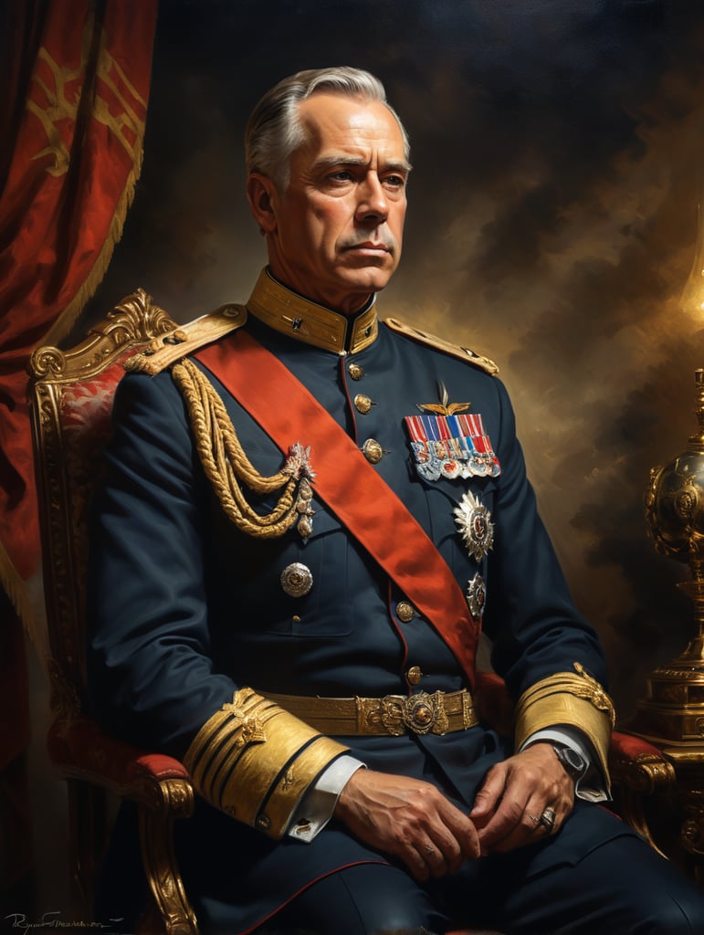 Classical portrait of royalty in uniform. Dramatic lighting. Oil paint texture, high quality.