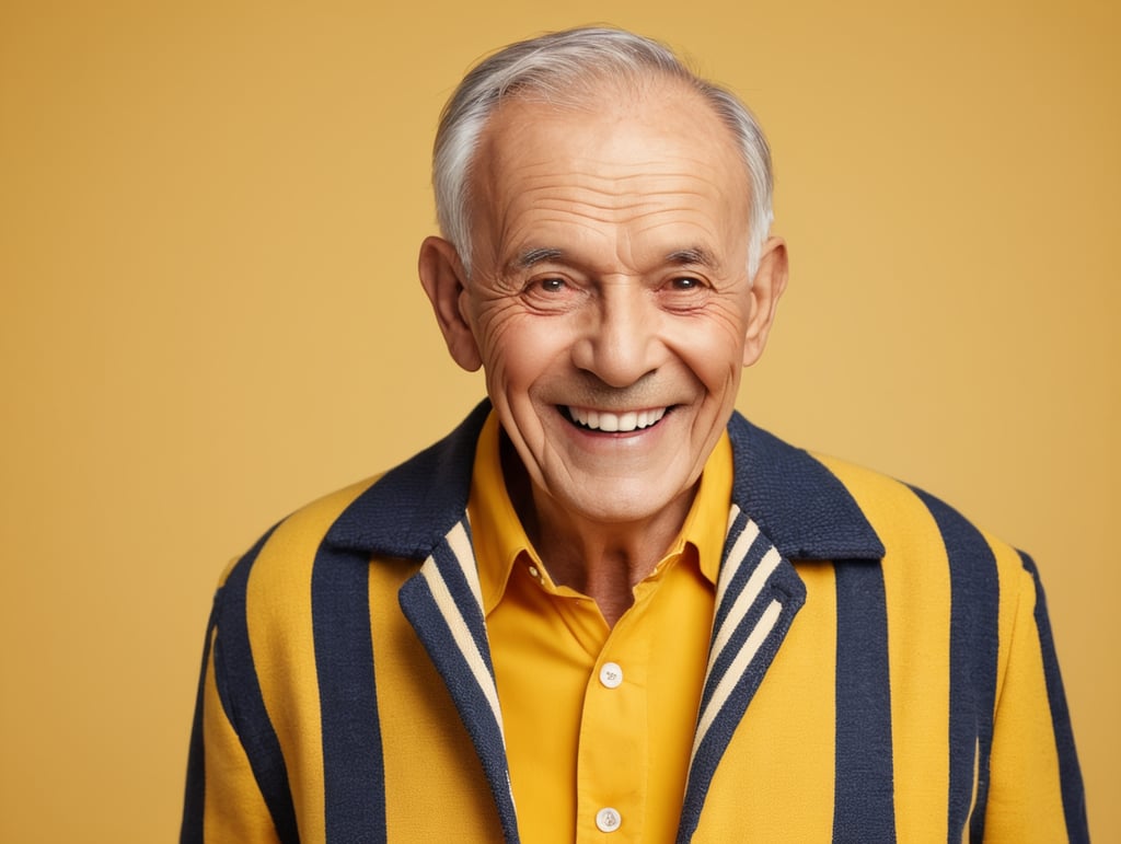 Smiling and cheerful old man in a striped jacket on an isolated yellow background